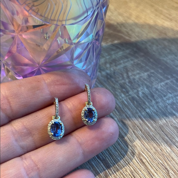 14k Gold diamond tanzanite Drop Earrings. Oval Gemstones with diamond Pavé Halos - Picture 2 of 13